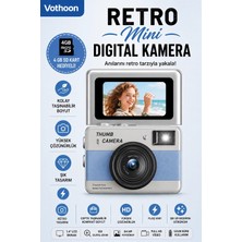 Just Cheap Store Retro Mini Dijital Kamera 1080P 1.47 Inç Flip Ekranlı Flaşlı Selfie Vlog Kamerası 4gb Sd Hediyeli Mavi