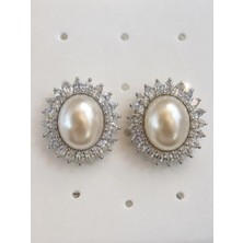 Mare Butik Inci Detaylı Kristal Taşlı Oval Küpe – Silver