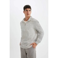 Velmora Fashion Erkek 3 iplik Pamuklu Uzun Kol Yarım Farmuarlı Yakalı SweatShirt - Gri