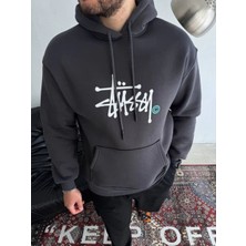Velmora Fashion Erkek Üç Iplik Kapşonlu Baskılı Sweatshirt - Füme