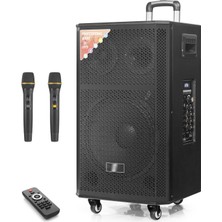 Skygo Çift Karaoke Mikrofonlu Bluetooth Hoparlör Fm Radyo 120W 12 İnç Kumandalı Ahşap NDR412