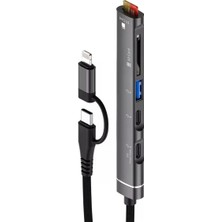 Happy Trend Çoklayıcı Adaptör 5in1 iPhone ile Uyumlu Type-C/lightning To USB A, Sd Card Tf Card Macbook Uyumlu Çevirici Adaptör Çok Portlu Çoklayıcı 5 In 1 USB Hub OTG-019E (Siyah)