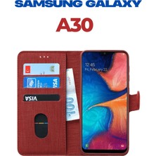 Happy Trend Kılıf Kumaş Desenli Cüzdanlı Standlı Kapaklı Kılıf Kırmızı Samsung Galaxy A30 ile Uyumlu