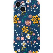 Happy Trend Printify Apple Iphone 15 Uyumlu Lansman Kılıf Çiçek Tasarımlı Içi Kadife Kapak-Lacivert