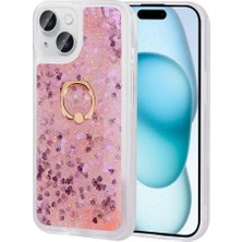 Happy Trend Apple iPhone 15 ile Uyumlu Kılıfı Şeffaf Silikon Sıvılı Simli Yüzük Stand Olabilen Kamera Lens Korumalı Tarz Kapak Milce Pembe