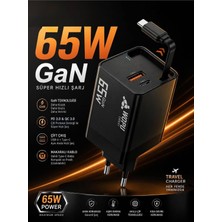 Happy Trend 65W Gan Süper Hızlı Şarj Aleti, Makaralı Type-C Kablolu, Pd Qc 3.0, Usb-A Type-C Çıkışlı, Siyah