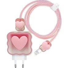 Happy Trend IPhone 18W/20W ile Uyumlu Pembe Kalp Şarj Aleti Kılıfı, Şarj Kablosu Örme Aparatı, Toparlayıcı, Kablo Koruyucu