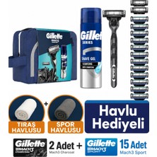 Gillette Mach3 Charcoal + Sport Tıraş Seti 1 Makine + 17 Yedek Bıçak (2 Charcoal + 15 Sport) + 200 ml Jel + Havlu Hediye
