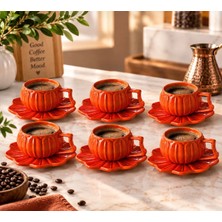 Kitchen Pembelia Papatya Turuncu 6 Kişilik 12 Parça Porselen Kahve Fincan Seti Kahve Fincan Takımı