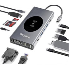 Daytona W13 Macbook Uyumlu Type C To 4K HDMI - 2*usb3.0-3*usb2.0 VGA Sd/tf Audıo Lan Wireless Şarj 13IN1 Hub Çevirici