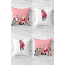 Pelangi Kuş Tüyü ve Çiçek Buketi Desen Gizli Fermuarlı Kırlent Kılıfı Koltuk Yastık Kılıfı TAKIM(4ADET), Açık Pembe-Beyaz 45 x 45