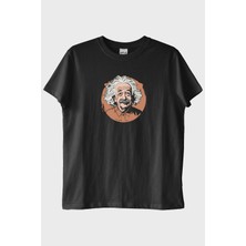 lofux Albert Einstein Portre Baskılı Tasarım Siyah Tişört