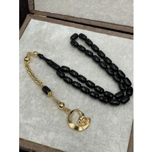 Lineacraft Gold Renkli Bozkurt Uçlu Siyah Sıkma Kehribar Tesbih (10X7 Mm)