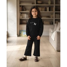 My Bella Kız Çocuk Kalp Nakışlı Siyah Sweatshirt ve Puanlı Pantolon Takımı