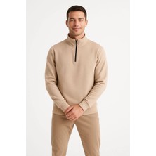 Erkek Dik Yaka Sweatshirt Dik Yaka Yarım Fermuarlı 3 Iplik Pamuk Kumaş - Bej Mariposa Secret