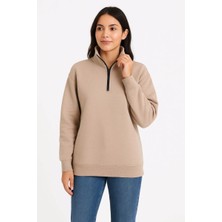 Kadın 3 Iplik Dık Yaka Yarım Fermuarlı Sweatshirt - Bej Mariposa Secret