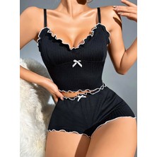 TKÇ Kadın Siyah Fitilli Askılı Şortlu Pijama Takım 5042
