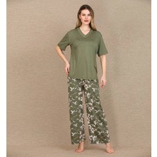 TKÇ Şık Tasarım Çiçek Desenli Kısa Kol Viskon Pijama Takımı - Yeşil - KLBN31271