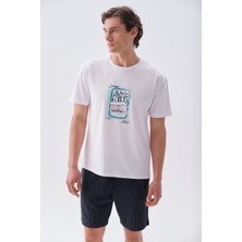 Mudo Erkek Beyaz Baskılı Comfort Fit Bisiklet Yaka T-Shirt