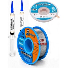 Smnr Lehimleme Seti 0,8 mm 40 G Lehim Teli + 2,5 mm 1,5 M Lehim Sökme Fitili ve Krem Flux Seti TK08