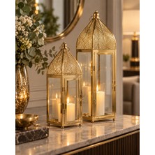 Sleep Nova Gold Metal ve Cam Dekoratif Fener Seti, 2'li