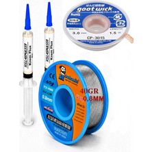 Smnr Lehimleme Seti 0,8 mm 40 G Lehim Teli + 3,0 mm 1,5 M Lehim Sökme Fitili ve Krem Flux Seti TK20