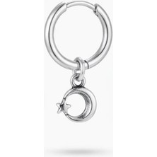 Blisse Piercing Unisex Gümüş Rengi Cerrahi Çelik Sallantılı Ay Yıldız Figürlü Halka Küpe 1 Adet