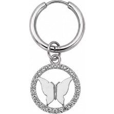 Blisse Piercing Unisex Gümüş Rengi Cerrahi Çelik Sallantılı Taşlı Halka Kelebek Figürlü Halka Küpe 1 Adet