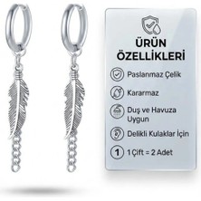 Blisse Piercing Unisex Gümüş Renk Çelik Halka Küpe Zincirli Tüy Sallantılı