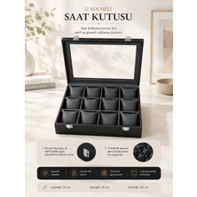 Corleon Saat ve Takı Kutusu 12'li Camlı Yastıklı Kol Saati ve Takı Kutusu Siyah Koyu Gri Deri 25X35 cm