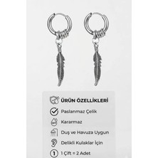 Blisse Piercing Unisex Gümüş Renk Çelik Halka Küpe Sallantılı Tüy Figürlü Küpe