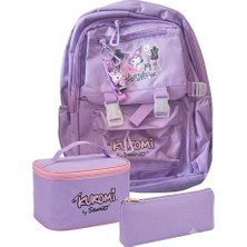 Sanrio Kuromi Mor 3'lü Okul Çantası Seti – Sırt Çantası, Kulplu Beslenme Çantası ve Kalemlik (Özel Kuromi Anahtarlıklı)