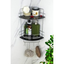Mikasso Kristal Raflı Krom Ikili Tel Köşe Şampuanlık Yapışkanlı Banyo Köşeliği / Rafı Çelik Siyah