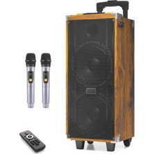 Skygo Çift Karaoke Mikrofonlu Bluetooth Hoparlör Fm Radyo 50W 2x8 Inç Rgb Kumandalı Ahşap JBR8808
