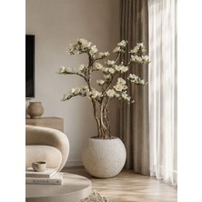 Solis Home Dekoratif Bej Krem Polyester Küre Saksı - Çizgili Beton Dokulu Modern Fiberglass Yuvarlak Salon Saksısı