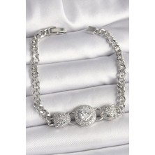 Inure Jewelry Pirinç Gümüş Renk Zirkon Taşlı Leopar Figür Zincir Model Kadın Bileklik