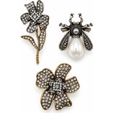 Stelle Jewelry 3’lü Taşlı Çiçek ve Incili Arı Broş Seti – Vintage Görünümlü Kadın Broş