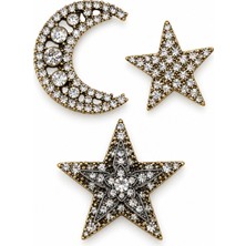 Stelle Jewelry 3’lü Taşlı Ay ve Yıldız Broş Seti – Vintage Görünümlü Işıltılı Kadın Broş