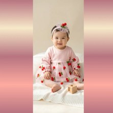 Minilay Kız Bebek Pembe Kiraz Nakışlı Tül Elbise ve Saç Bandı Takımı | Mutlu Yuvam 6-9 Aylık