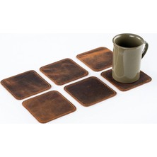 LWA Leather Hakiki Eskitme Deri Kare 6'lı Bardak Altlığı Seti - El Yapımı Dikişli Deri Bardak Altlığı 12X12 cm Kestane Rengi