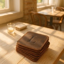LWA Leather Hakiki Eskitme Deri 6'lı Kare Bardak Altlığı Seti - El Yapımı Lüks Masa Aksesuarı 12X12 cm Kestane Rengi