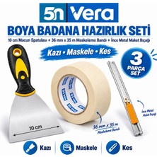 5N Vera Boya Badana Hazırlık Seti 3 Parça – 10 cm Macun Boyacı Spatulası + 36 mm x 35 Metre Maskeleme Bandı + Ince Metal Maket Bıçağı | Kazıma, Maskeleme ve Kesim Seti