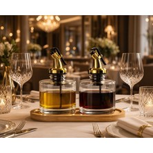 Trend Home Life Masa Üstü Gold Başlıklı Ahşap Standlı 2 Li (100ML) Yağdanlık Sirkelik Sosluk Şişesi Seti