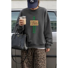 Monila Kadın Premium Kumaş 3 Iplik Şardonlu Uzaylı Baskılı Sweatshirt