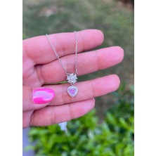 Defne Silver Pembe Taşlı Çiçek Kalp Kolye