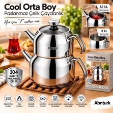 Abnturk 304 Kalite Paslanmaz Çelik Orta Boy Çaydanlık-1,1lt Demlik ve 2lt Su Hazneli Çaydanlık Takımı