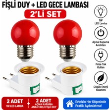 Açma Kapama Anahtarlı Duy Fişli + 1W Tasarruflu Renkli E27 LED Gece Lambası Kırmızı Işık 2 Adet