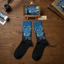 Van Gogh Tasarımlı Pamuklu Soket Çorap - Isme Özel Şerit - Hediye Çanta