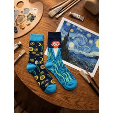 Van Gogh Tasarımlı Pamuklu Soket Çorap - Isme Özel Şerit - Hediye Çanta