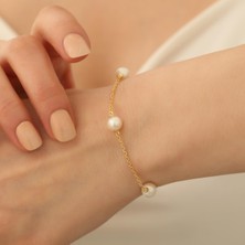 Nox Jewelry 14 Ayar Altın Kaplama 925 Ayar Gümüş Beyaz Tatlı Su İncili Duraklı Kadın Bileklik CBP00114